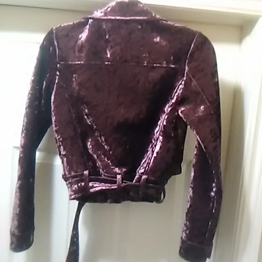 Crushed Velvet Burgundy Cropped Moto Jacket - Picture 3 of 4